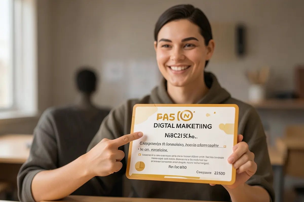 Pessoa sorrindo enquanto aponta para um certificado em um ambiente de aprendizado.