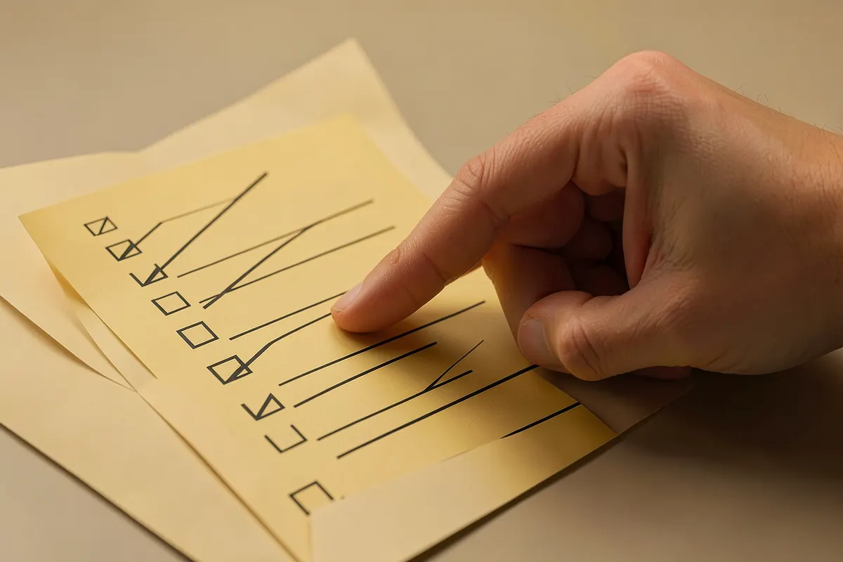 Mão apontando para um checklist com itens marcados e outros por marcar.