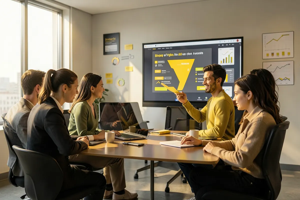 Pessoas interagindo em um ambiente de escritório moderno, com gráficos e elementos de marketing digital ao fundo, simbolizando a colaboração na montagem de um funil de vendas.