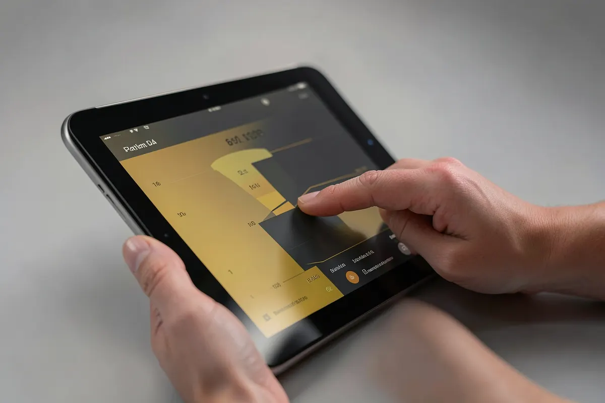 Gráfico de funil de vendas com indicadores de desempenho e métricas sendo analisados em um tablet por uma pessoa.