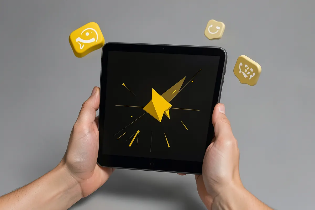 Pessoa analisando gráficos em um tablet, com ícones de redes sociais ao redor.