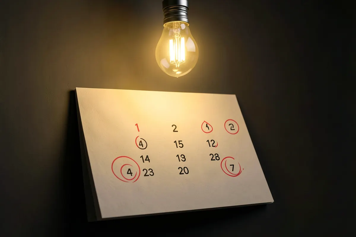 Calendário com dias marcados e uma lâmpada acesa sobre ele, indicando planejamento e ideias.