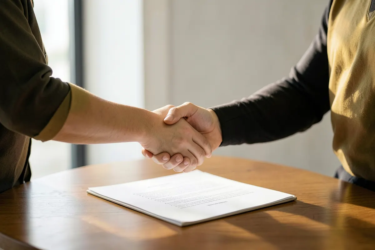 Duas pessoas apertando as mãos sobre um contrato, simbolizando um acordo ou contratação de serviço.