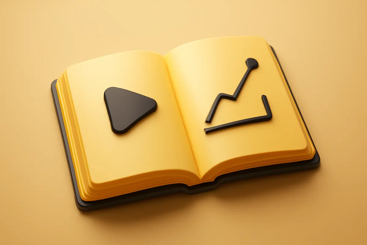 Livro aberto com um símbolo de 'play' e um gráfico subindo, representando um curso de tráfego pago.