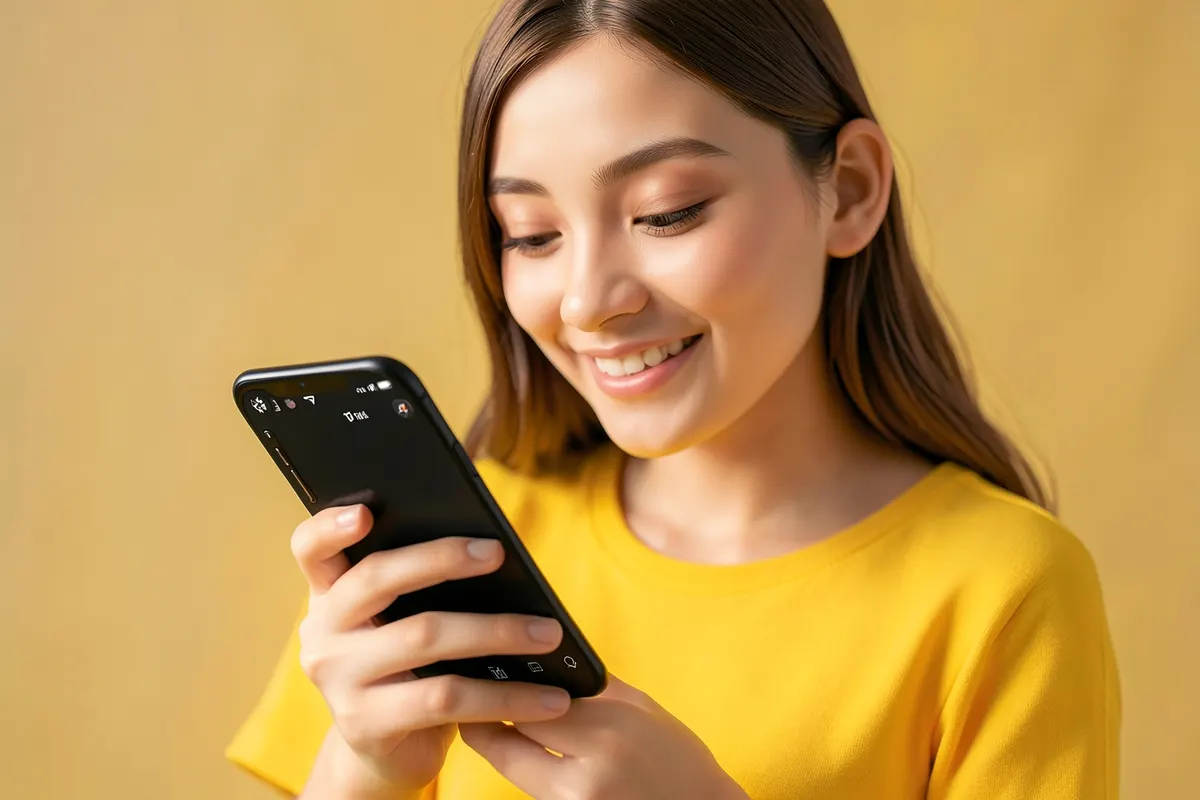 Mulher jovem sorrindo, segurando um smartphone com a tela mostrando o aplicativo TikTok, em um ambiente urbano desfocado.