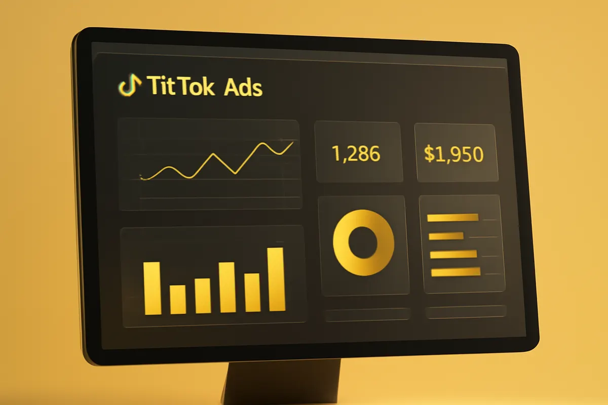 Tela de computador exibindo o painel de controle do TikTok Ads com gráficos e métricas.
