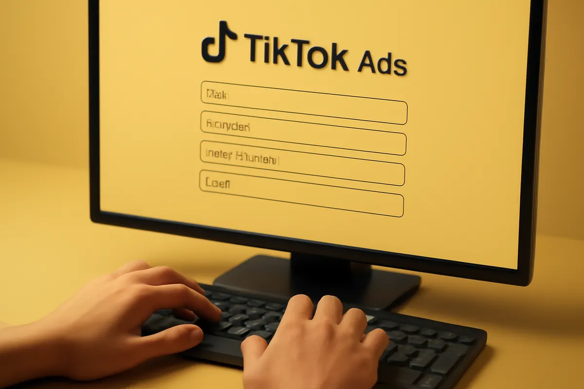 Pessoa digitando em um teclado de computador com o site de criação de conta do TikTok Ads visível na tela.
