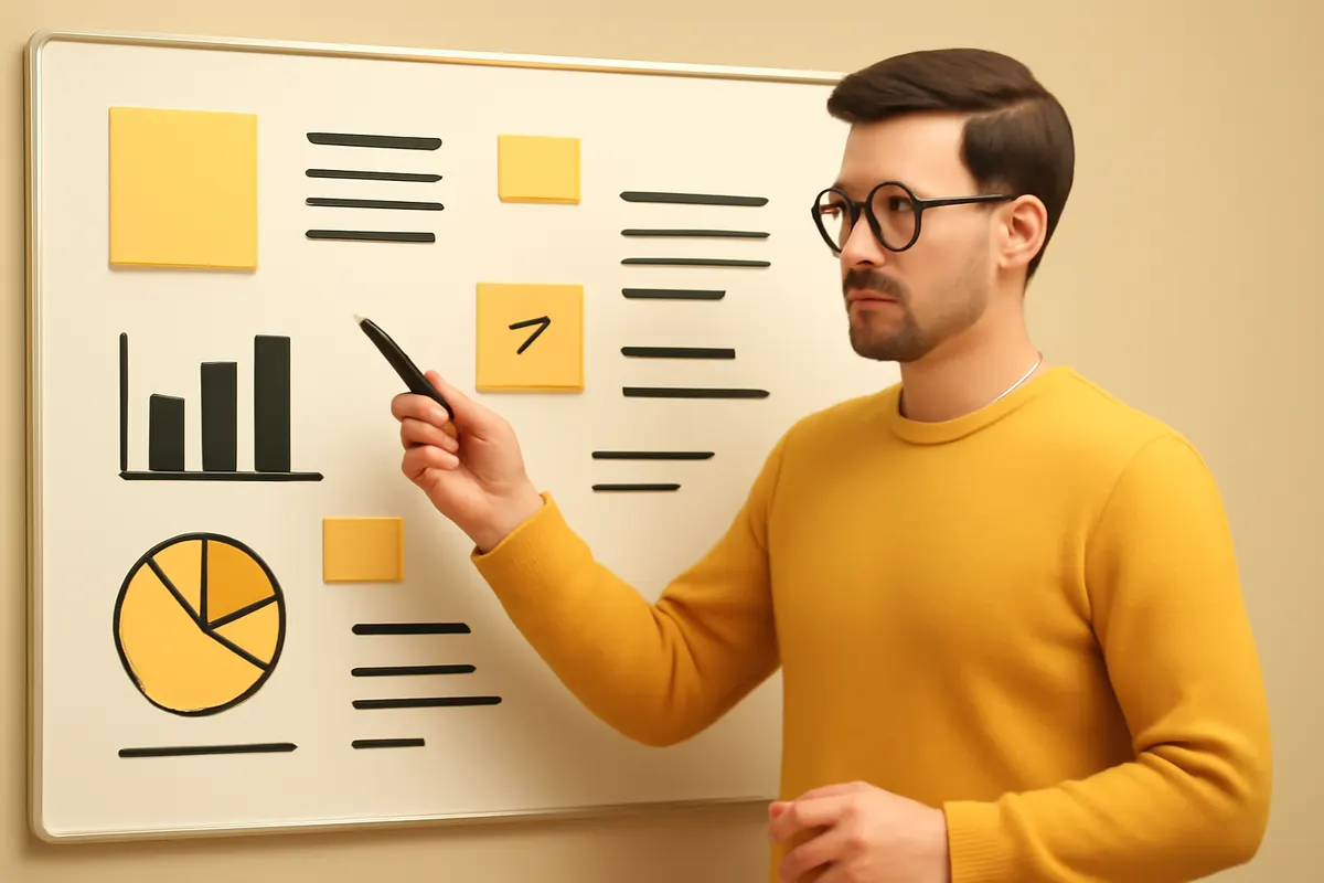 Homem planejando uma campanha de anúncios em um quadro branco com anotações e gráficos.