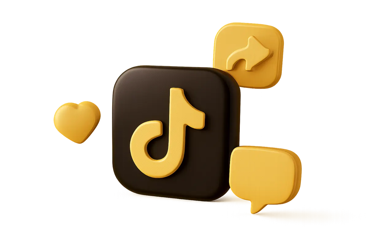 Pequenos ícones de "like", "share" e "comment" flutuando ao redor de um ícone de vídeo do TikTok.