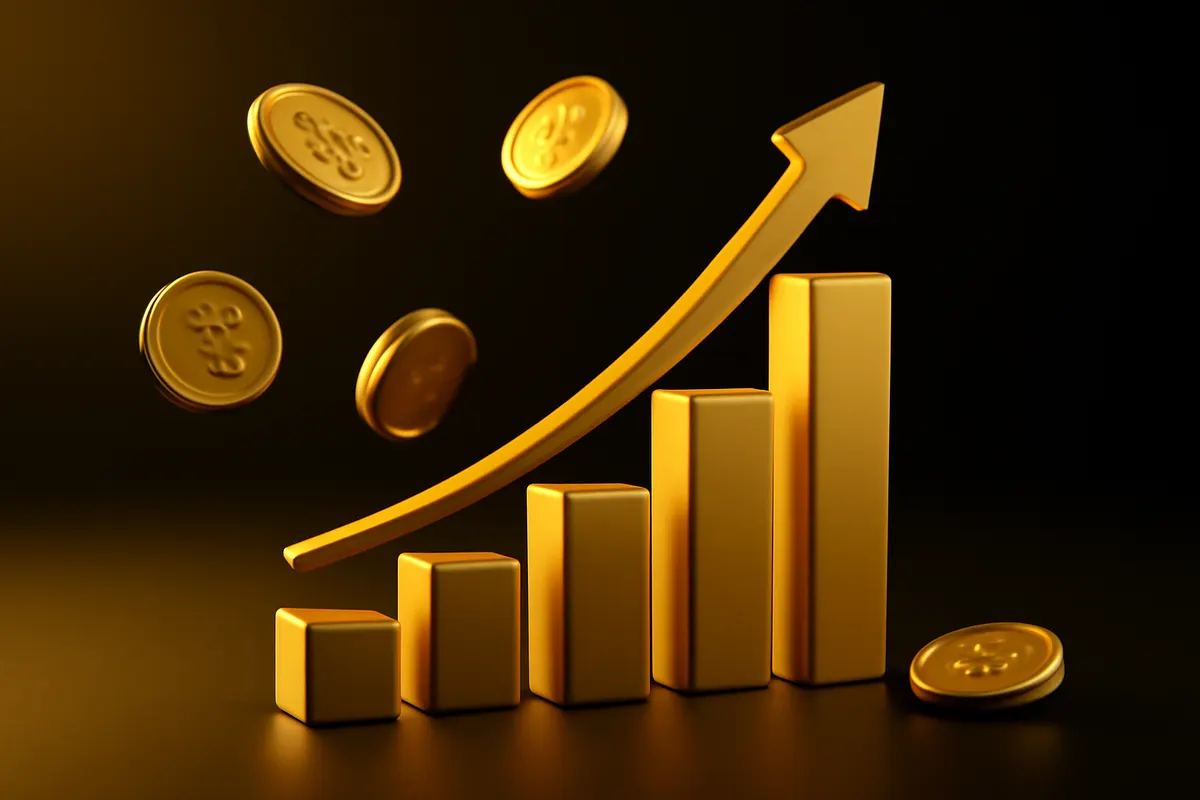 Gráfico de barras ascendente com moedas de ouro caindo ao redor, simbolizando o retorno sobre investimento.