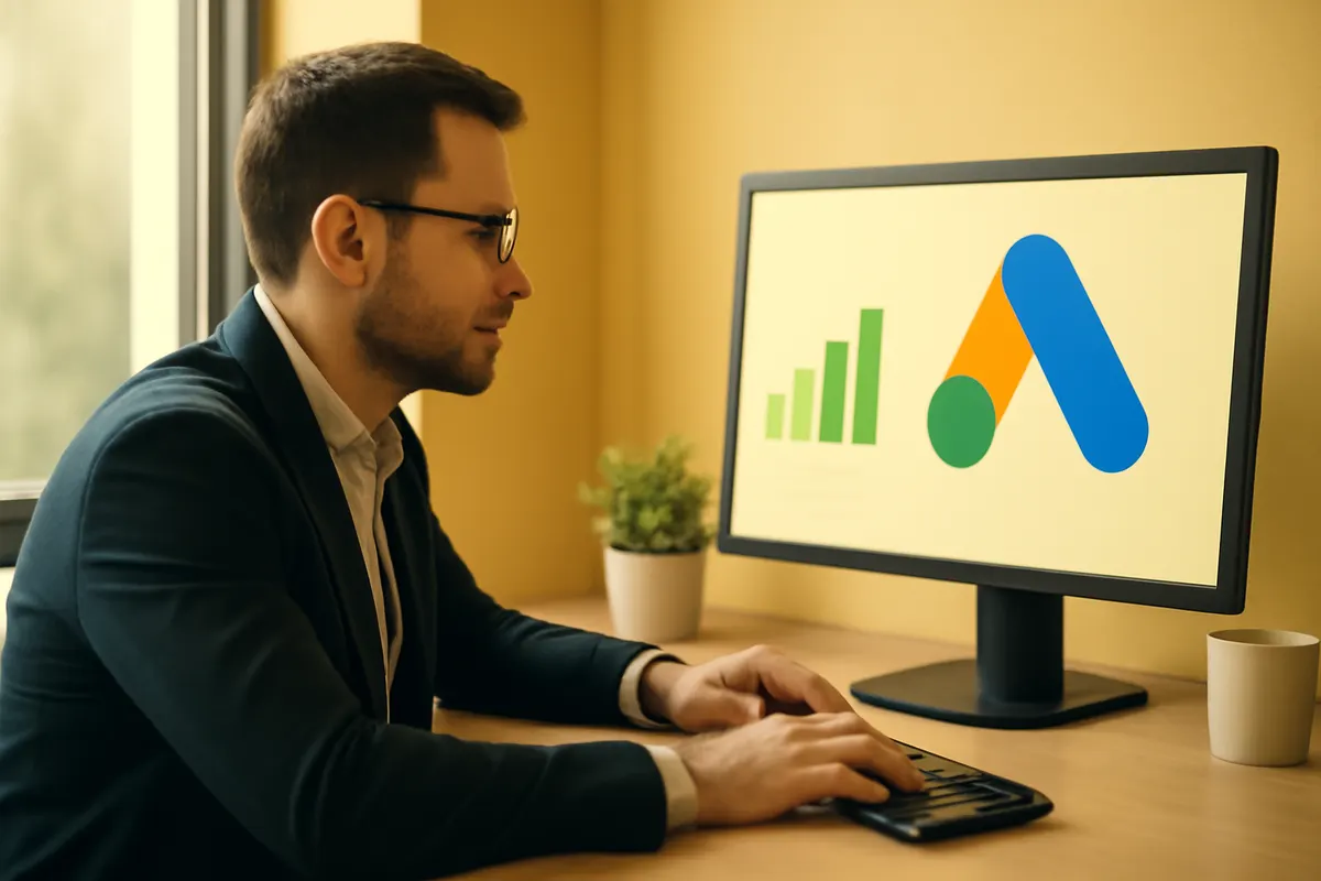 homem de negócios analisando gráficos de desempenho em uma tela de computador com o logo do google ads
