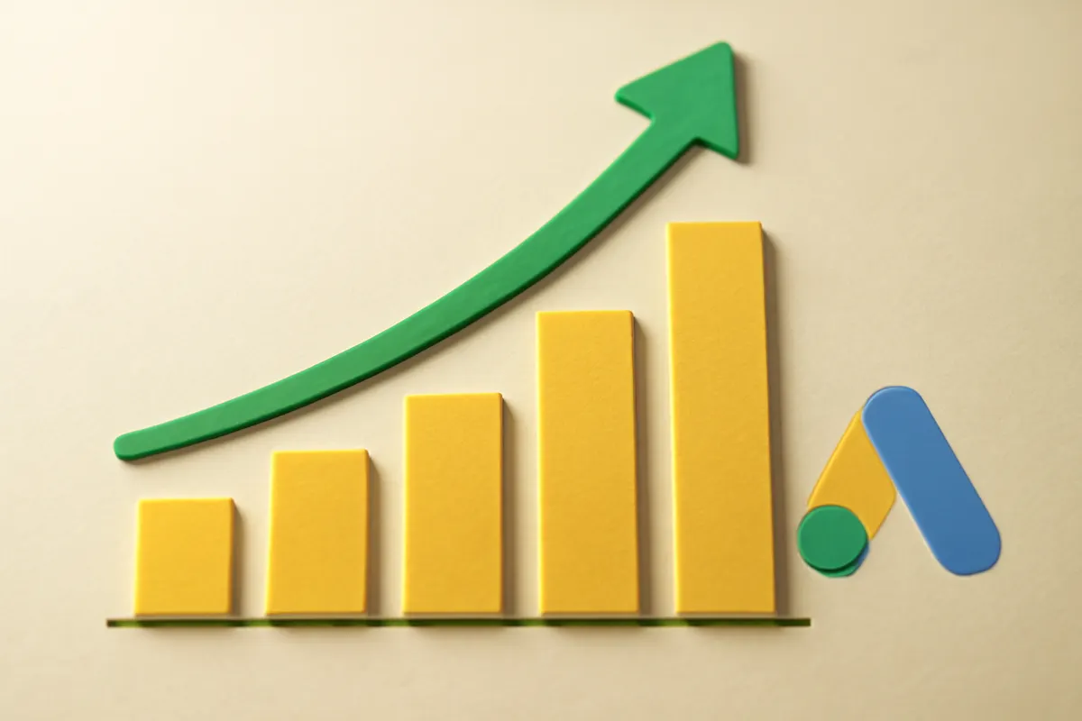 gráfico de crescimento subindo com o logo do google ads no canto inferior direito