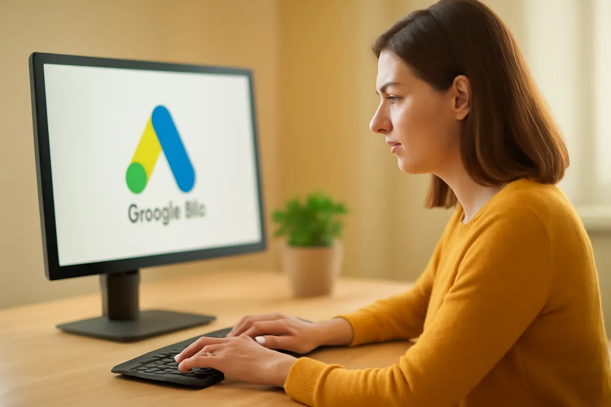 mulher digitando em um teclado com o logo do google ads em uma tela de computador em segundo plano