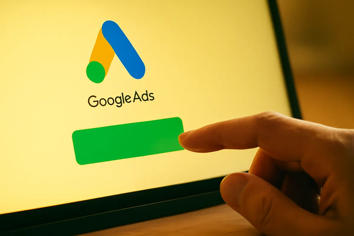 mão clicando em um botão "Criar Campanha" em uma interface de computador com o logo do google ads