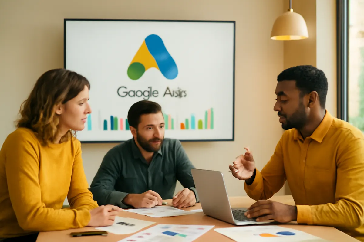equipe colaborando em um projeto com gráficos e o logo do google ads em uma tela