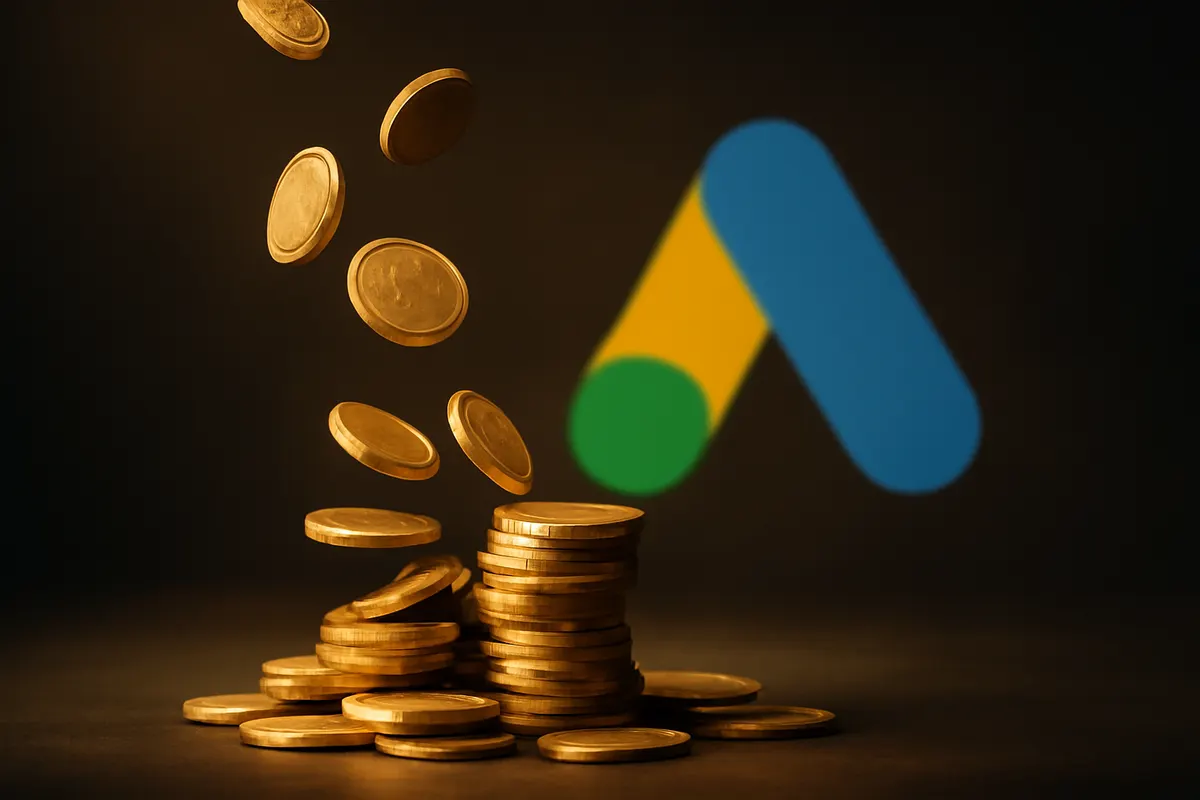 moedas caindo e crescendo com o logo do google ads em destaque