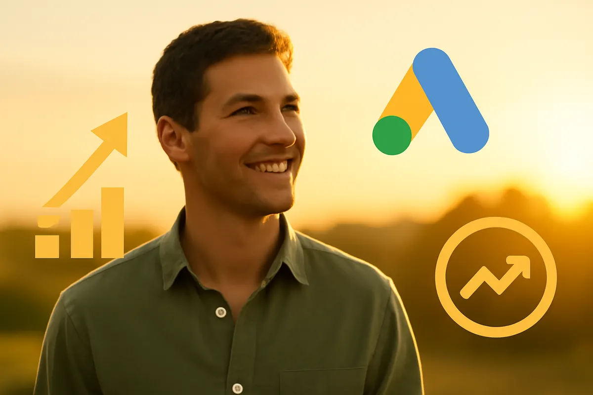 homem sorrindo olhando para o futuro com ícones de crescimento e o logo do google ads
