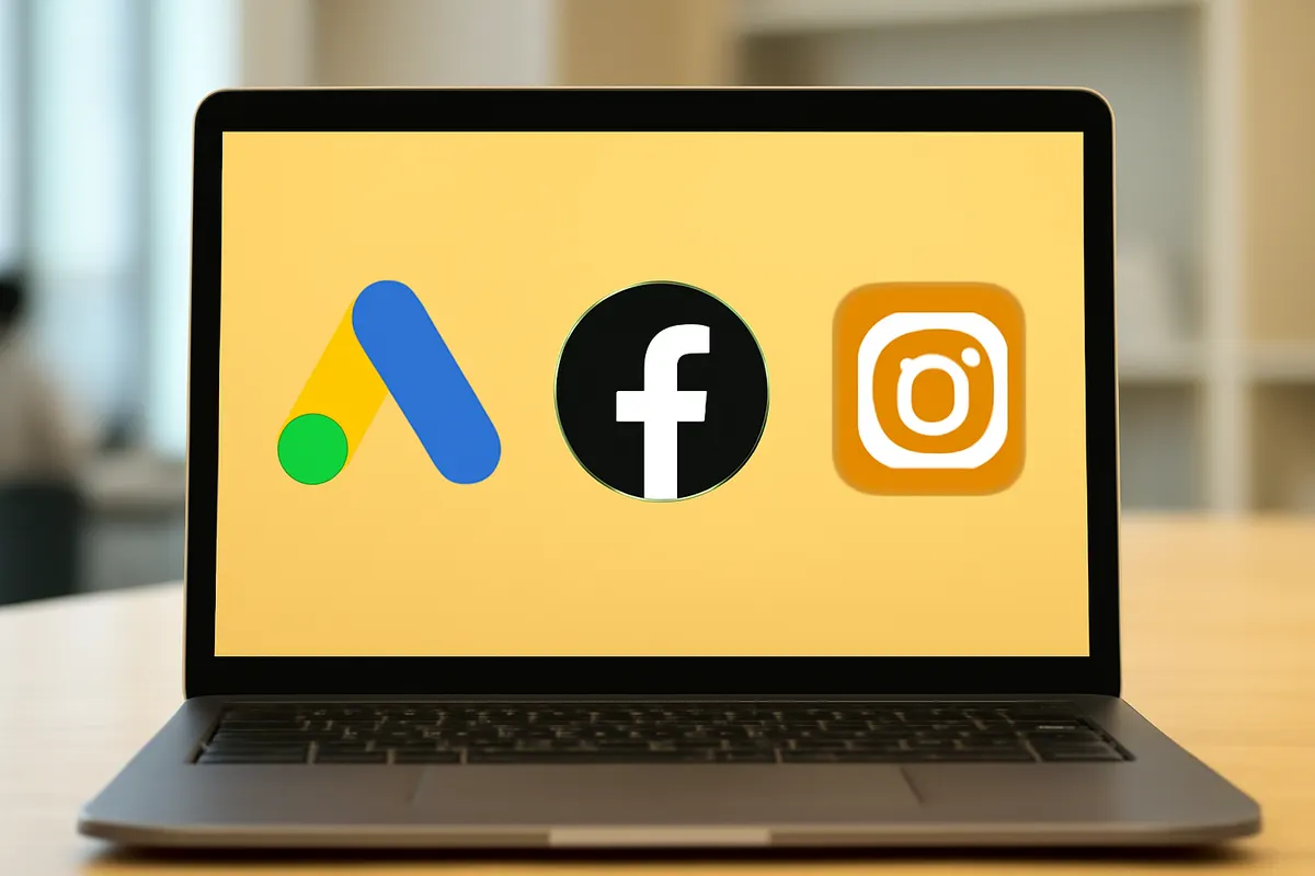 Tela de computador exibindo diferentes plataformas de anúncios como Google Ads, Facebook Ads e Instagram Ads, representando os tipos de tráfego pago.