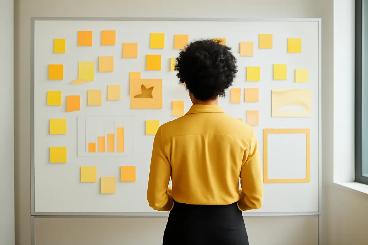 Pessoa planejando uma campanha de tráfego pago em um quadro branco com post-its e gráficos.