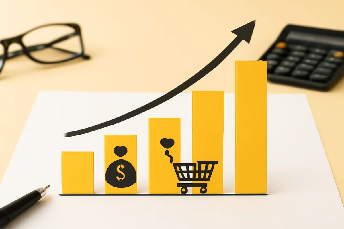 Gráfico de barras ascendente com ícones de dinheiro e carrinho de compras, representando os benefícios do tráfego pago.