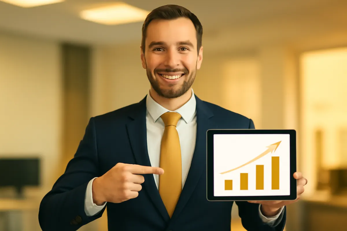 Homem de negócios sorrindo e apontando para um gráfico de crescimento em uma tela de tablet, simbolizando o sucesso com tráfego pago.