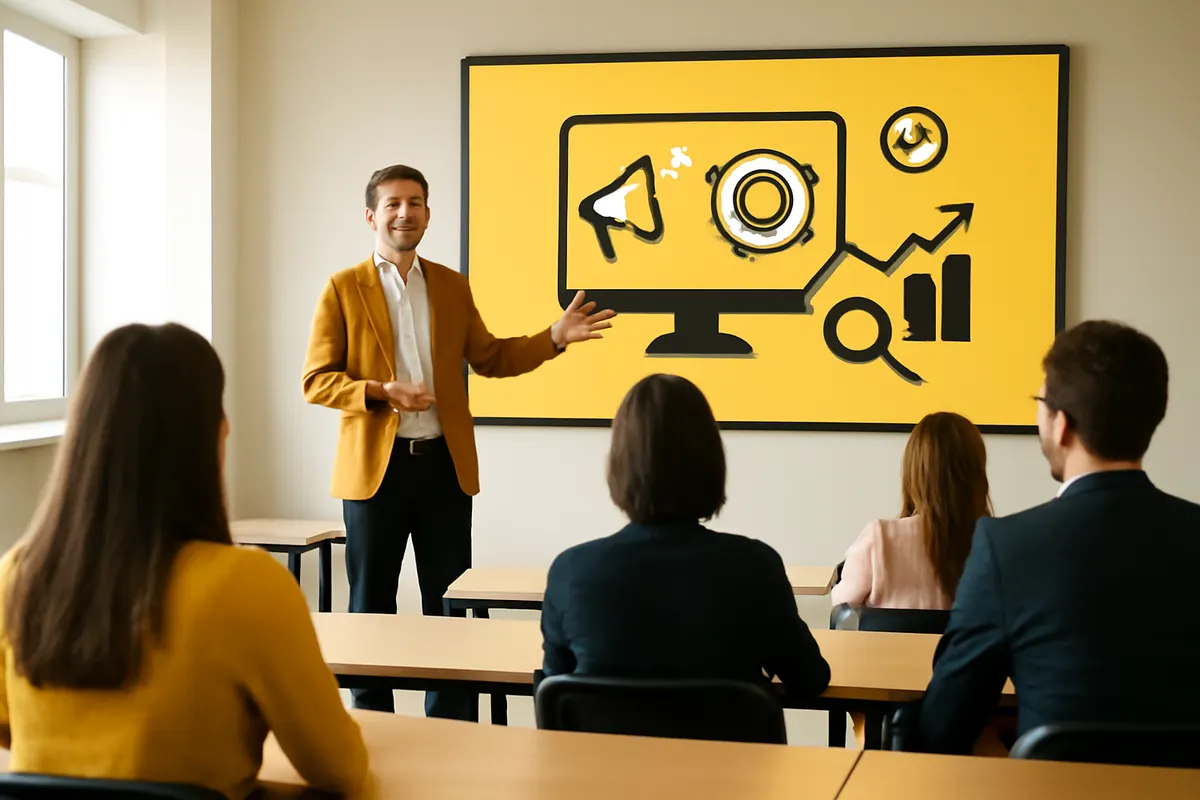Professor ensinando sobre tráfego pago para uma turma atenta em uma sala de aula moderna.