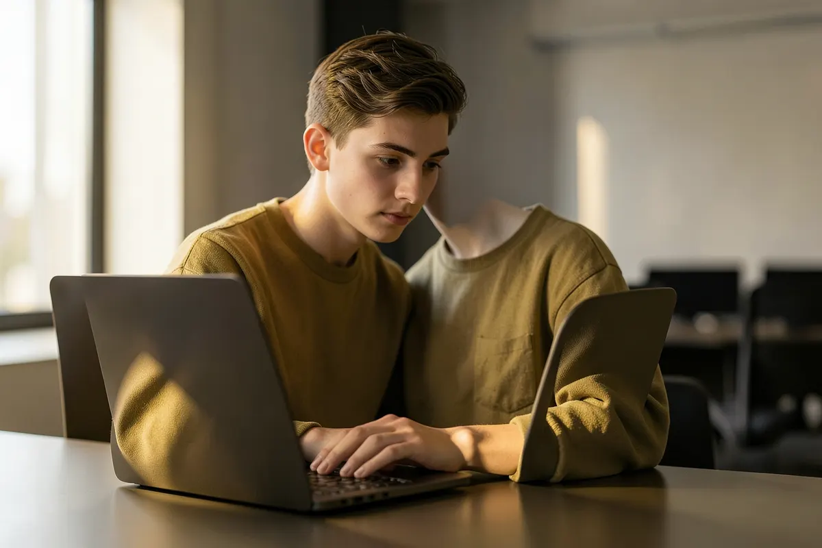 Uma pessoa jovem trabalhando em um laptop em um ambiente de escritório moderno e iluminado.