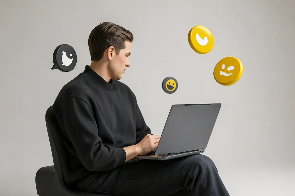 Uma pessoa usando um laptop com vários ícones de redes sociais flutuando ao redor.