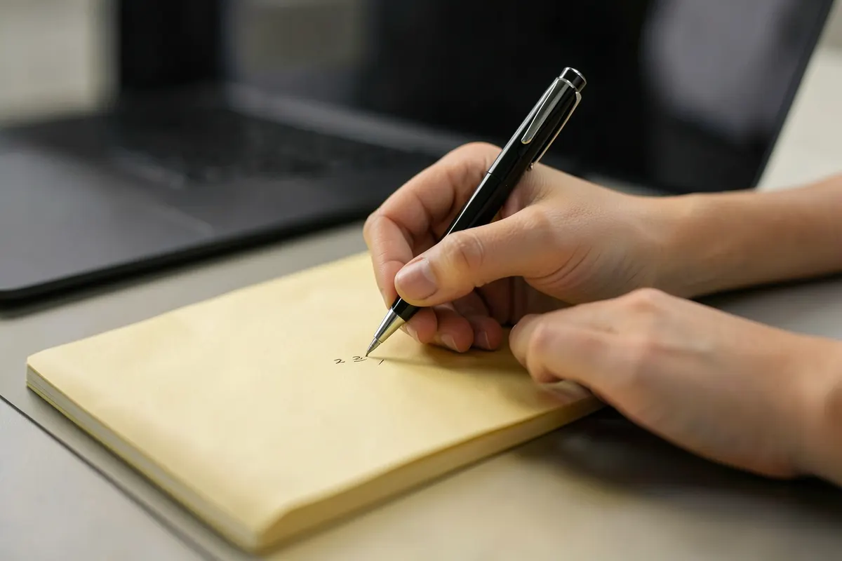 Uma pessoa escrevendo em um caderno com uma caneta, com um laptop ao fundo.