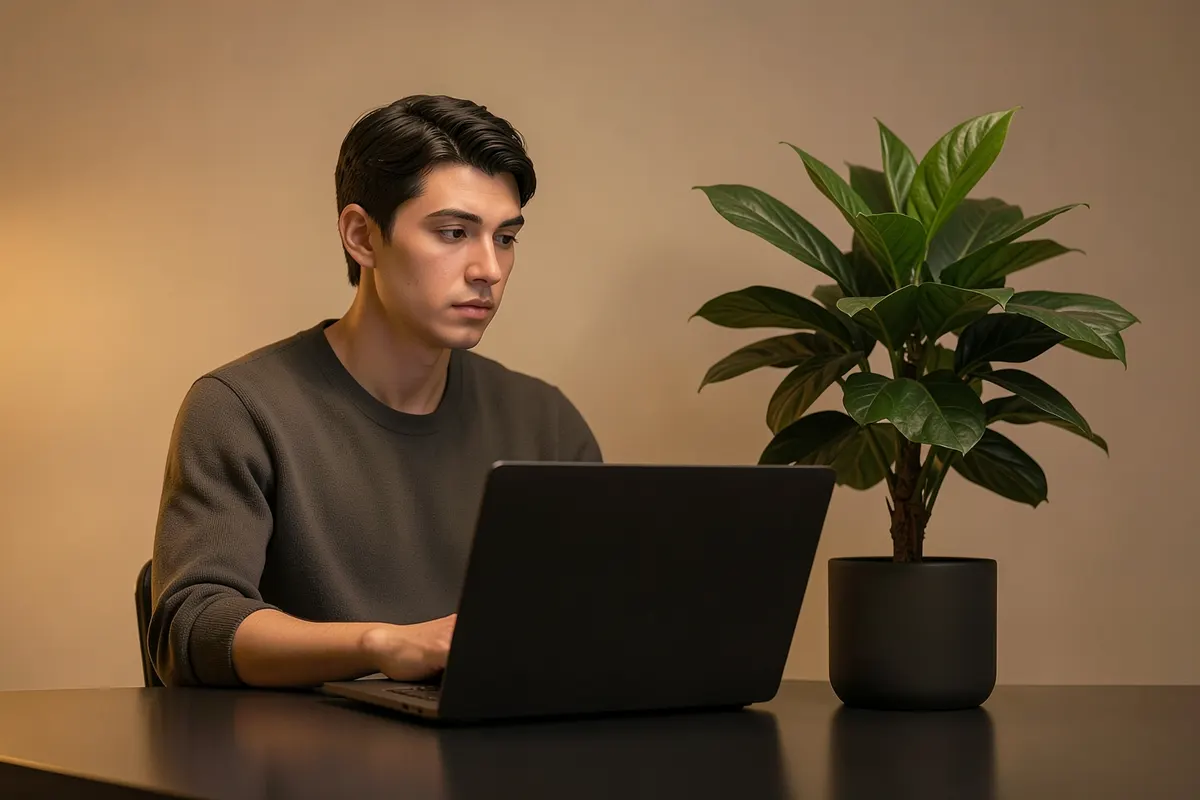 Uma pessoa olhando para um laptop com uma expressão pensativa, com uma planta de casa ao lado.