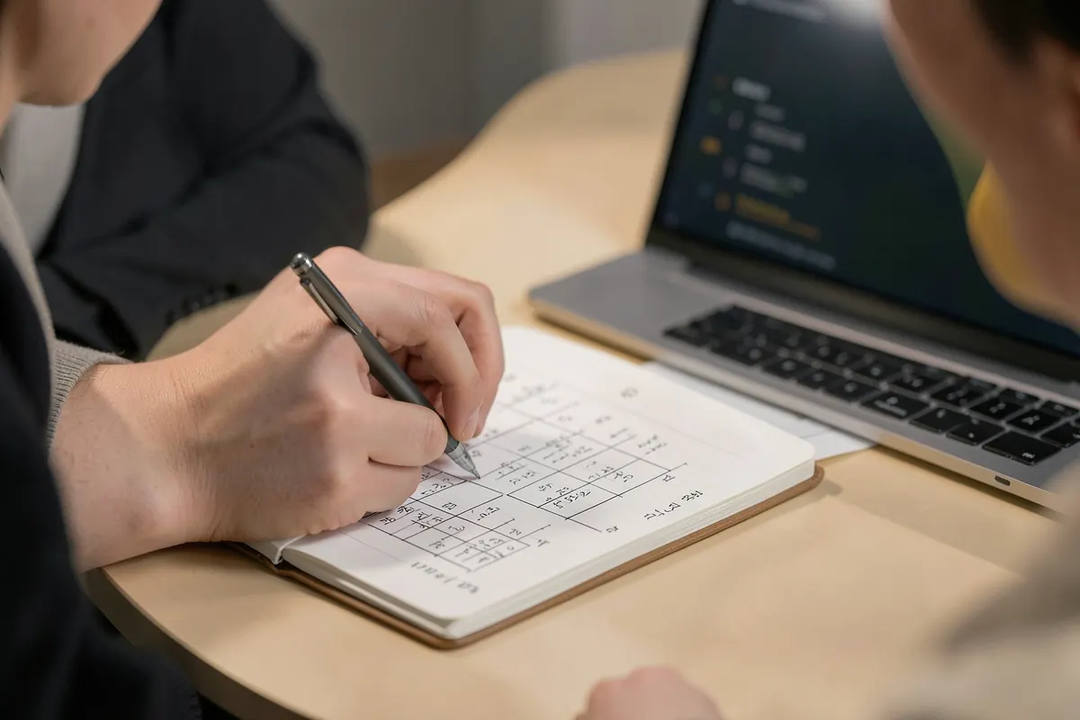 Uma pessoa sentada em uma mesa, planejando em um caderno com caneta e laptop.