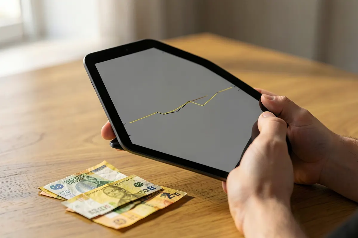 Pessoa analisando gráficos em um tablet com notas de dinheiro ao lado.