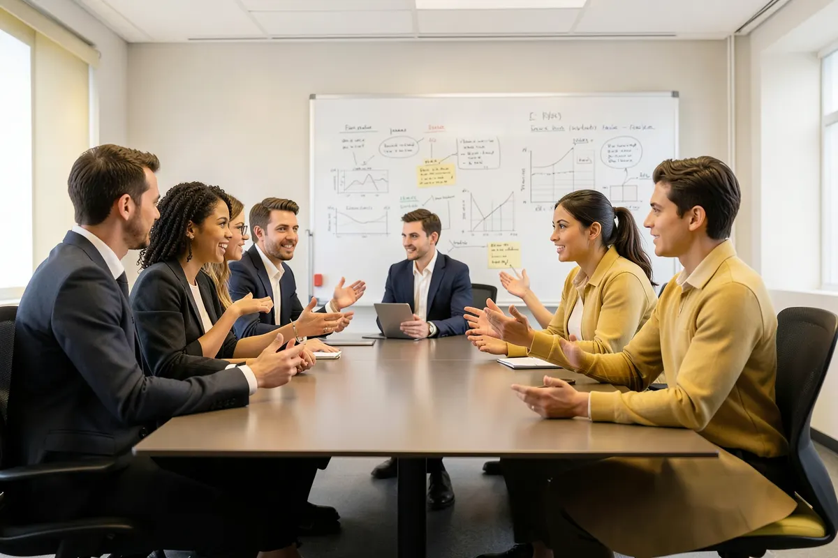 Um grupo de pessoas em volta de uma mesa discutindo ideias em um quadro branco com anotações e gráficos.