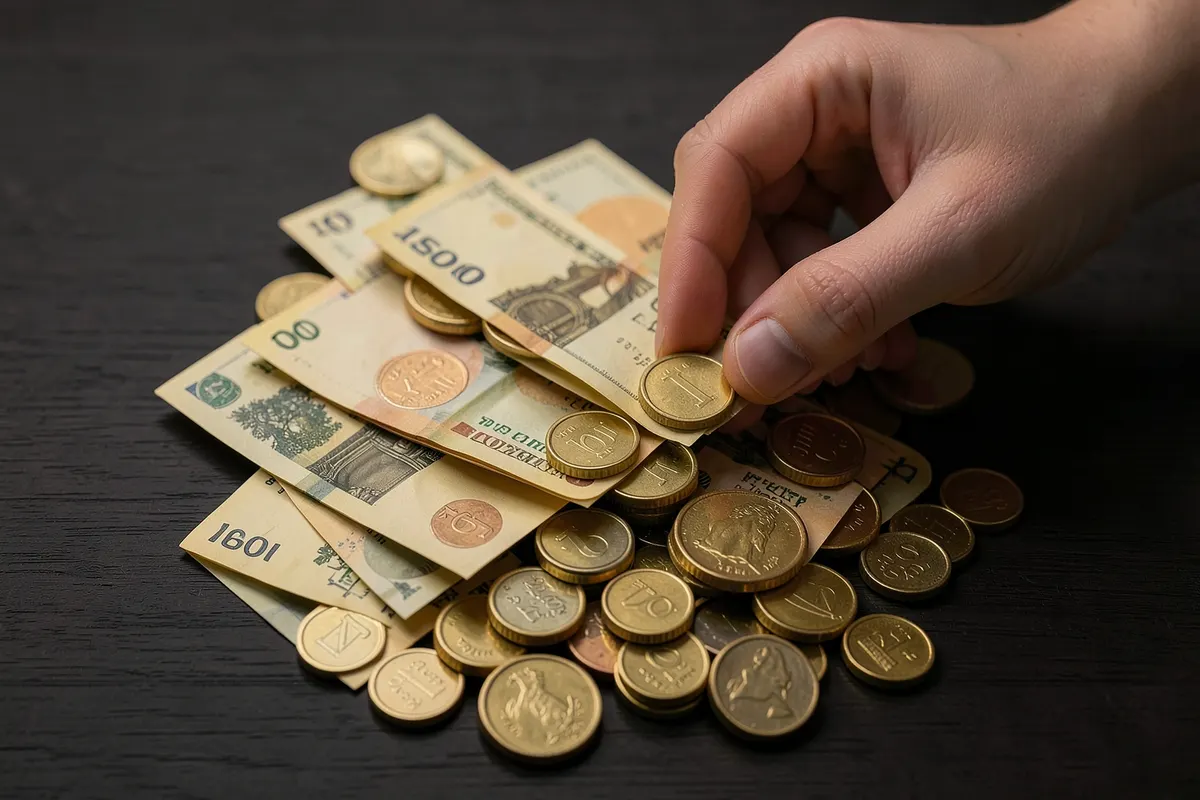 Notas de dinheiro e moedas espalhadas sobre uma mesa de madeira escura, com uma mão adicionando mais dinheiro a uma pilha.