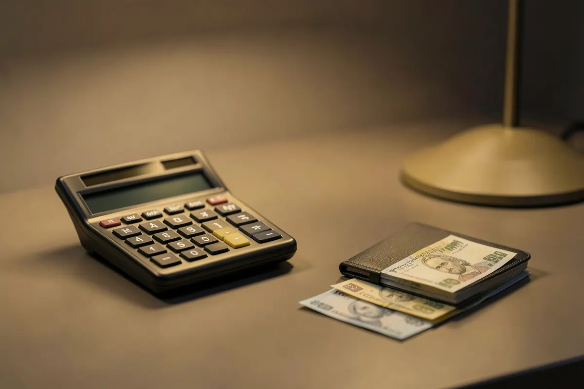 Uma calculadora ao lado de algumas notas de dinheiro e um pequeno caderno em uma mesa de escritório.
