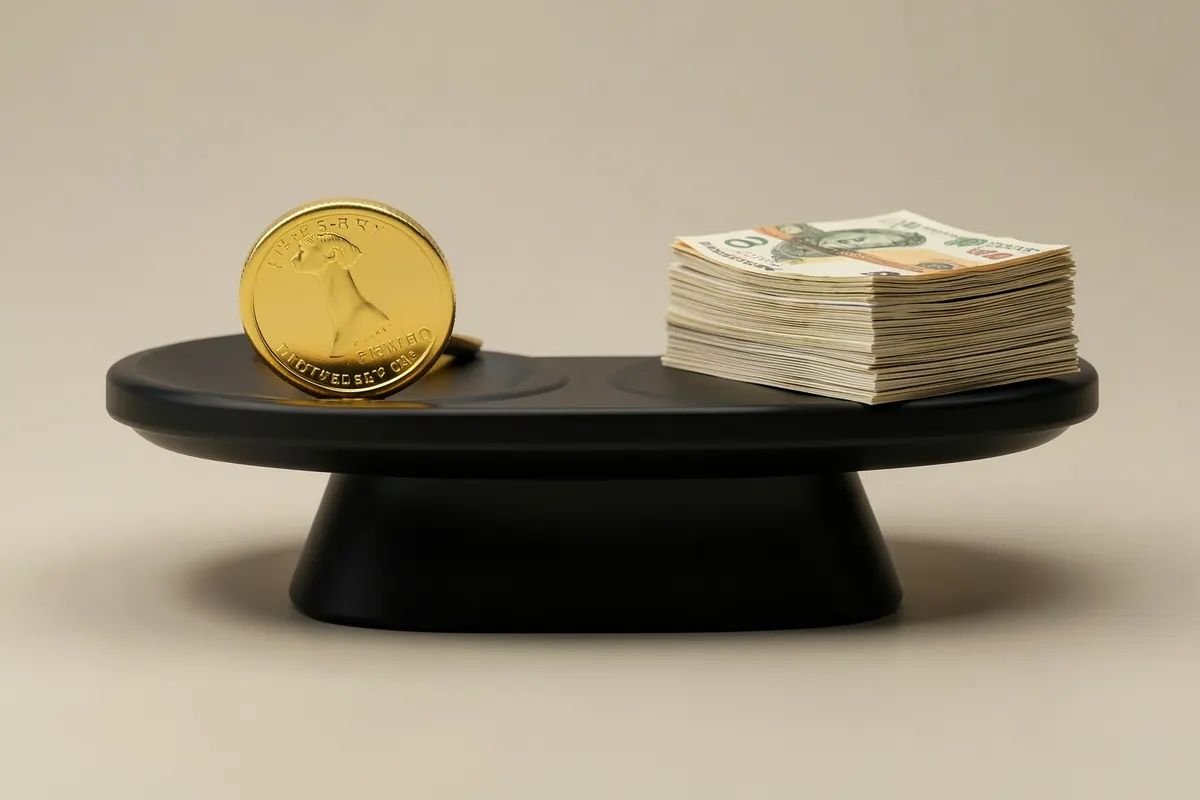 Uma balança com uma moeda de ouro de um lado e uma pilha de notas de dinheiro do outro, em uma superfície neutra.
