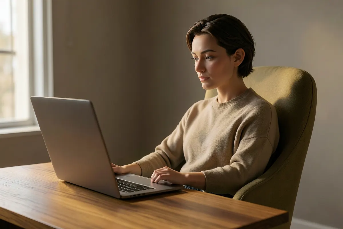 Uma pessoa sentada em uma cadeira confortável, pensativa, com um laptop aberto à sua frente em uma mesa de madeira.