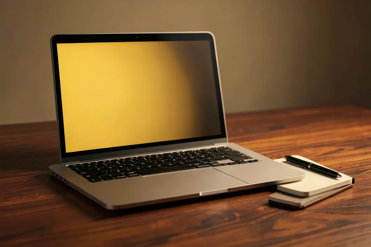Um curso online sendo exibido em um laptop, com um caderno e uma caneta ao lado, em uma mesa de madeira.