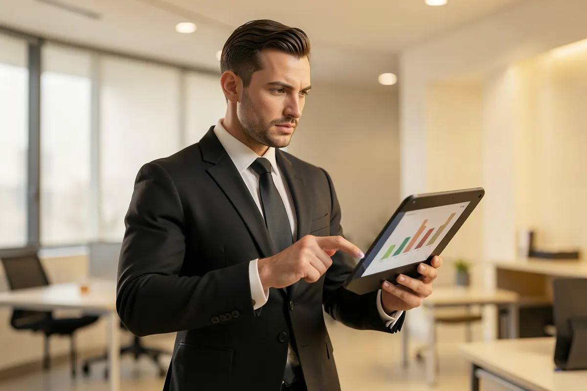 Um homem de terno apontando para um gráfico de barras em um tablet.