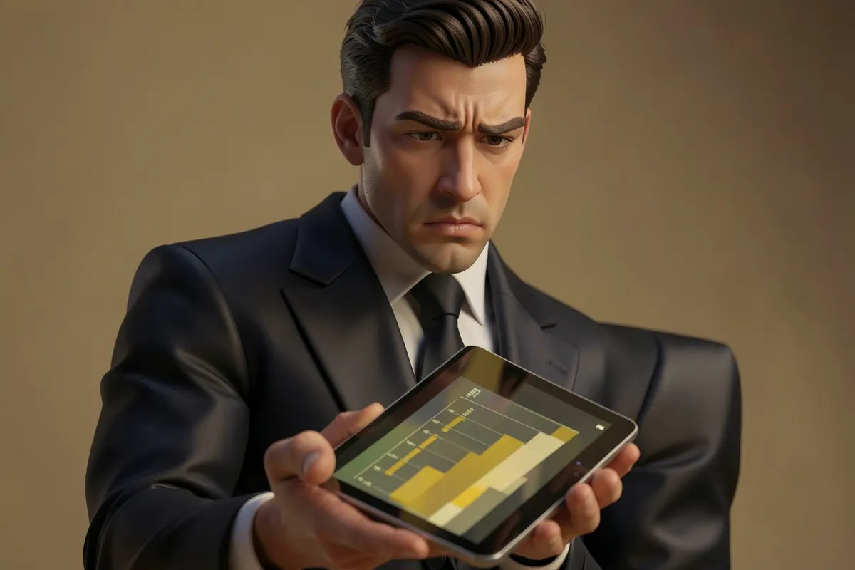 Um homem de terno com expressão frustrada olhando para um gráfico de barras em um tablet.