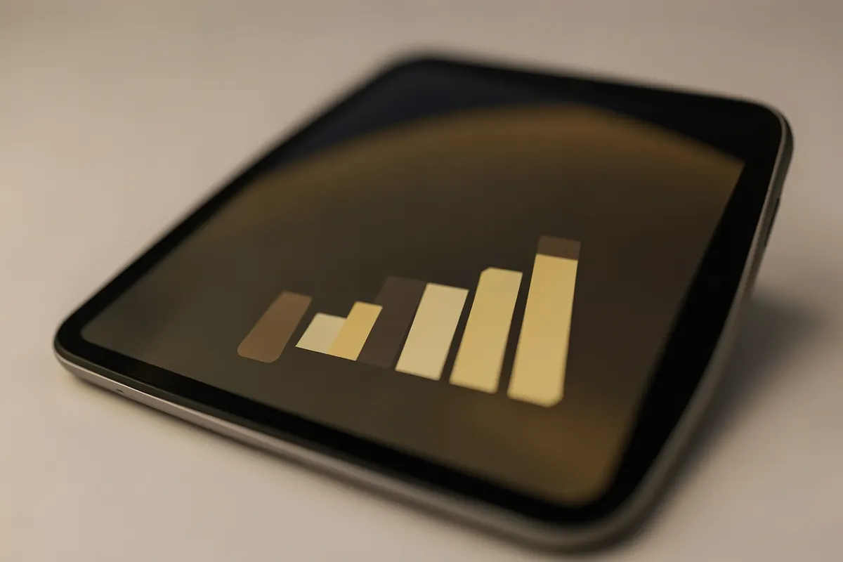 Um close-up de um gráfico de barras em um tablet, com algumas barras mais altas que outras.