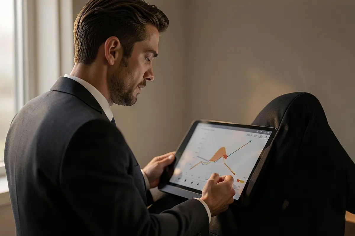 Um homem de terno otimizando um gráfico em um tablet.