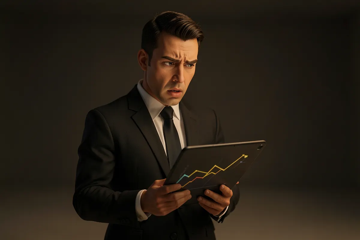 Um homem de terno olhando para um gráfico de barras em um tablet com uma expressão de confusão.