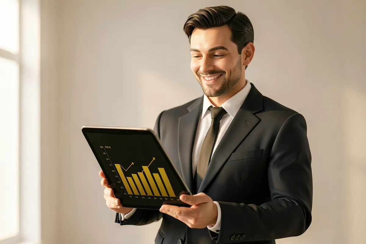 Um homem de terno sorrindo enquanto olha para um gráfico de barras em um tablet.