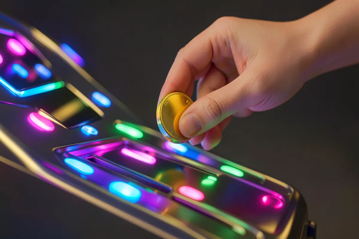 Uma mão colocando uma moeda em uma máquina de leilão simulada com luzes piscando.