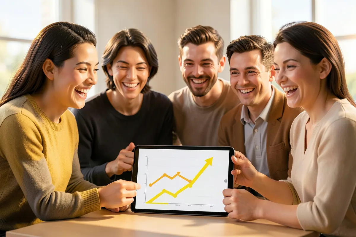 Pessoas sorrindo e comemorando enquanto observam um gráfico de crescimento positivo em um tablet.