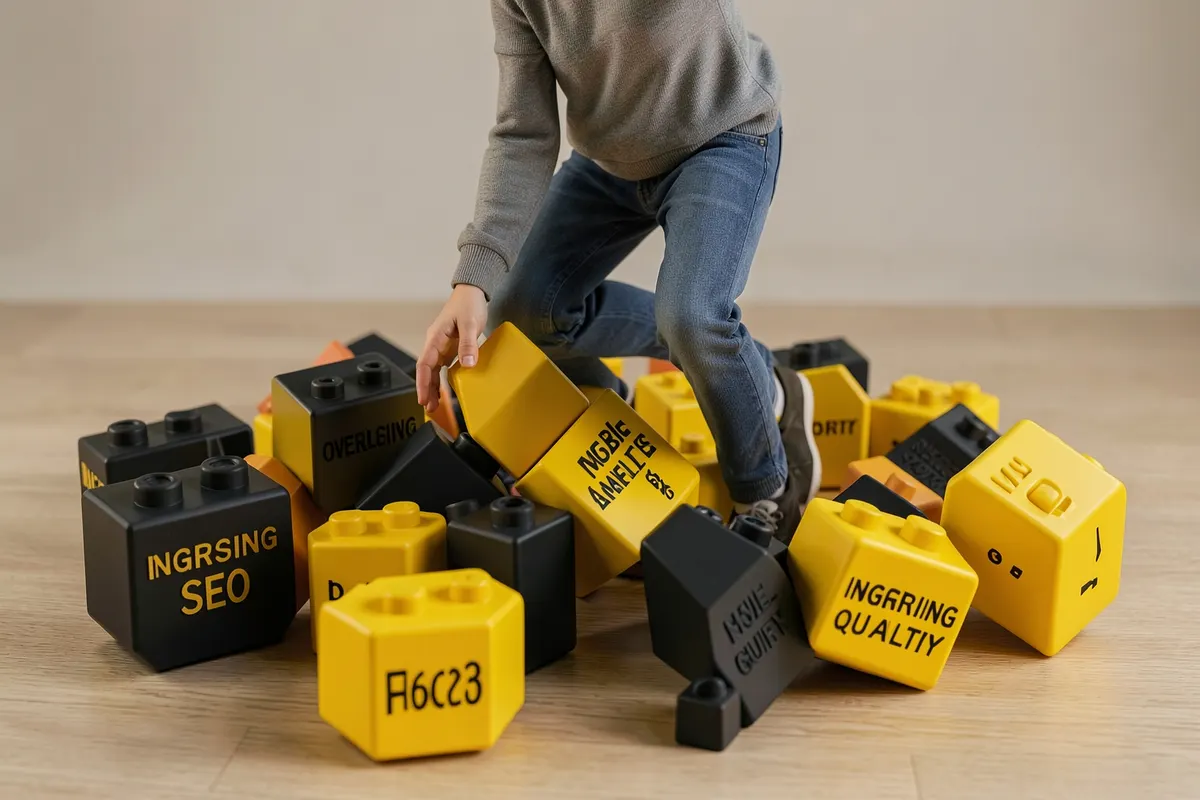 Uma pessoa tropeçando em blocos de construção que representam erros comuns em marketing digital.