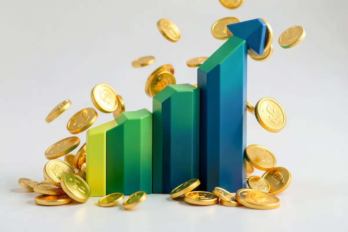 Gráfico de barras subindo com moedas de ouro caindo ao redor.