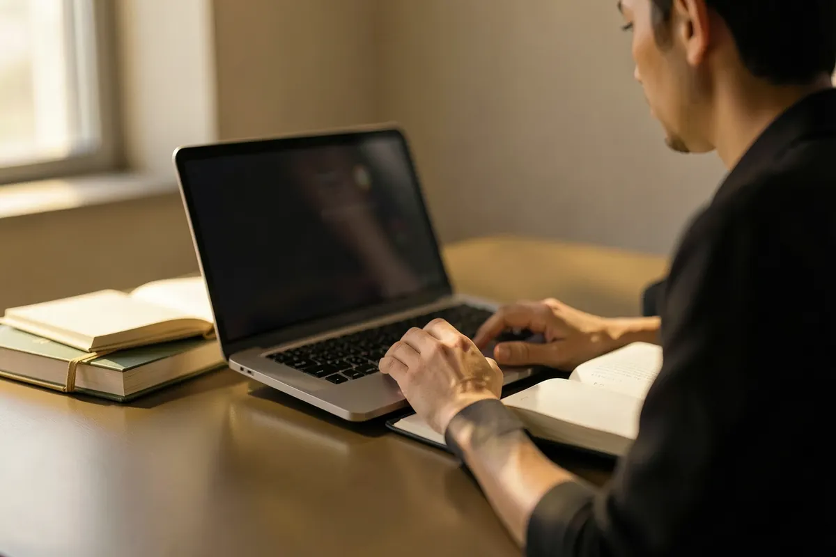 Pessoa estudando em um notebook com livros abertos ao lado.