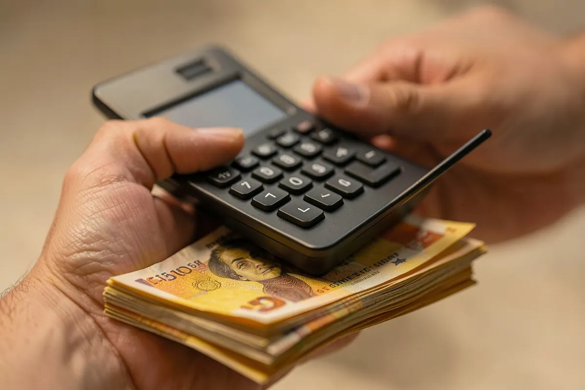 Mão segurando uma calculadora e notas de dinheiro.